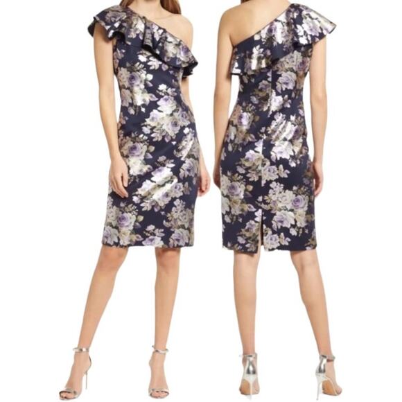 NWT ELIZA J DRESS FLORAL METALLIC FOIL JACQUARD RUFFLE ONE SHOULDER COCKTAIL - Picture 2 of 10